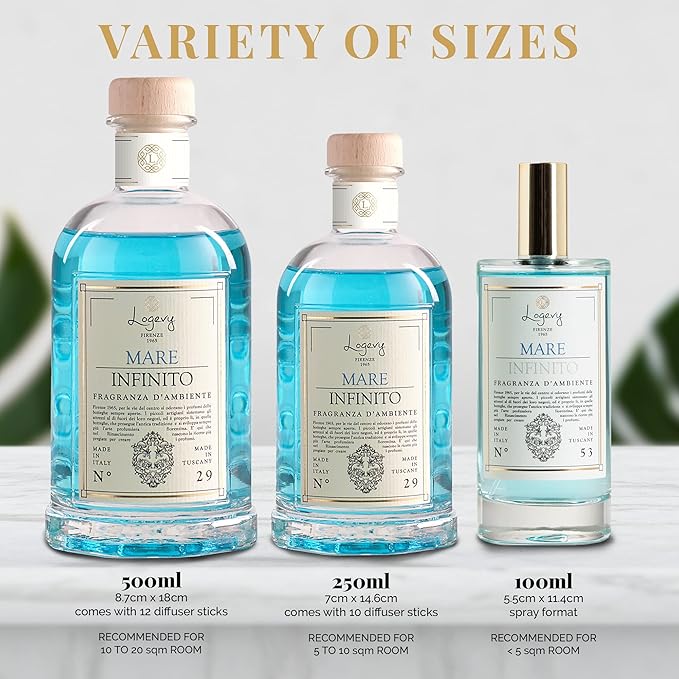 Logevy Firenze 1965 Mare Infinito – Infinite Sea Luxury Home Fragrance Diffuser from Master Perfumer in Italy with Refreshing Notes in Elegant Glass Bottle with 10 Natural Bamboo Reeds – 250ml
