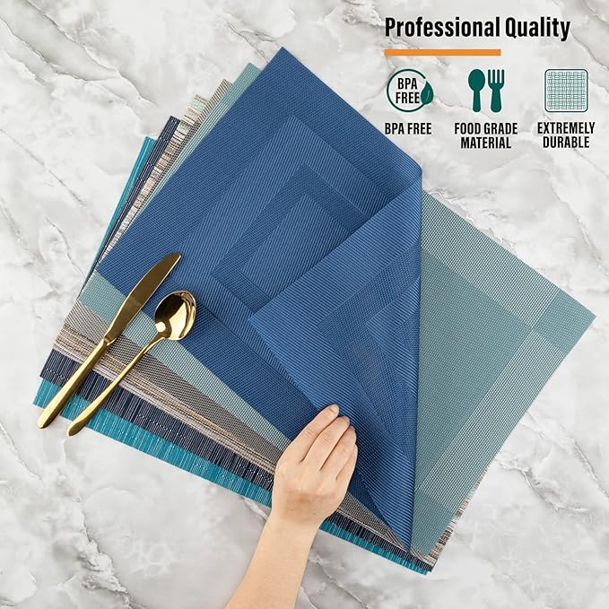 Winknowl Placemats for Dining Table Set of 6 Waterproof, Woven Place Mats for Kitchen Table Vinyl Heat Insulation Stain Resistant Placemats (Navy Blue)
