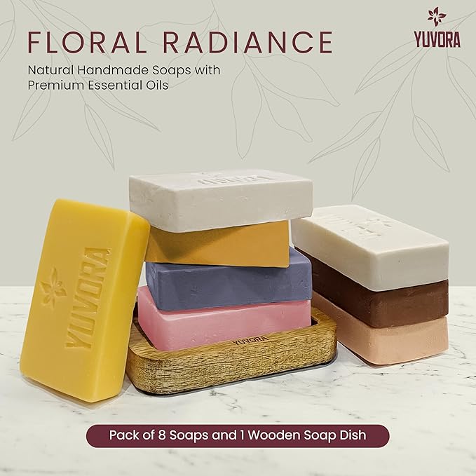 5 OZ Pack of 8 Pcs Women Natural Handmade Body Soaps Floral Radiance Long lasting Luxurious Scents with Natural Ingredients – Sulfate & Paraben Free, Vegan Multi Fragrance With Wooden Soap Dish