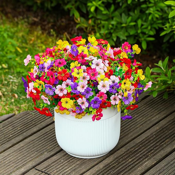 48 Bundles Artificial Flowers for Outdoors Decoration, UV Resistant Silk Violet with Leaf Grass and Eucalyptus Spring Fake Plants for Outside Indoor Yard Home Patio Porch Decor, Mix 5 Colors