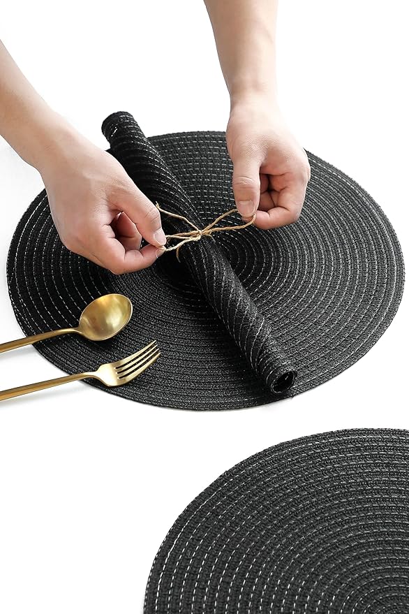 Floroom 15 Inch Round Braided Placemats Set of 4, Washable Heat Resistant Cotton Polyester Circle Place Mats for Kitchen Dining Table - Black