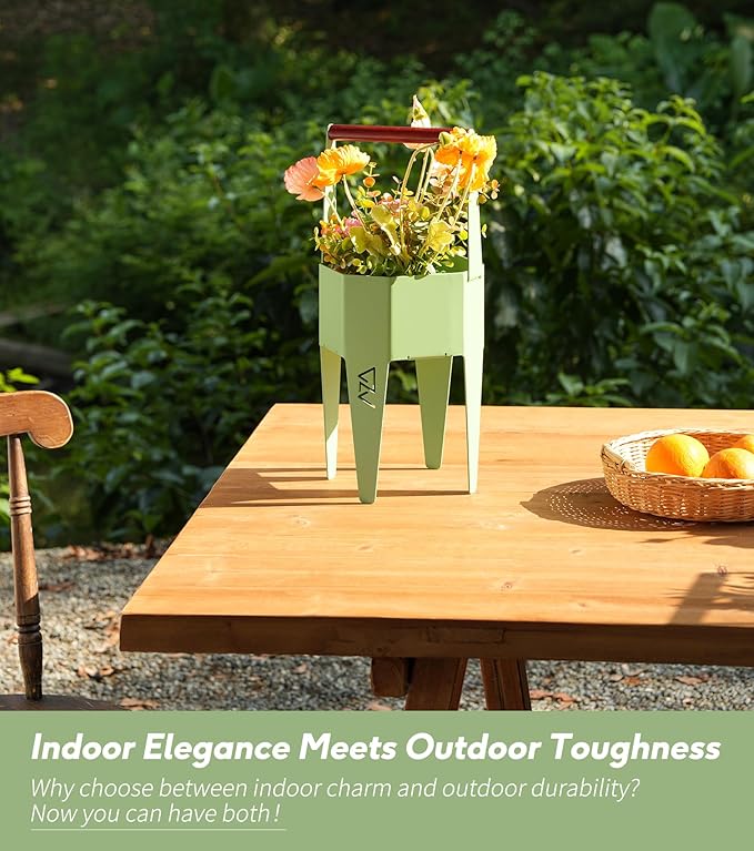 Planter with Stand, Metal 2 in 1 Portable Planter with Grow Bags & Handle, Stable Stylish Indoor Plant Pots with Stand, Modern Flower Pots Outdoor, 7.5'' x 17.3'', Green, Plant Not Included