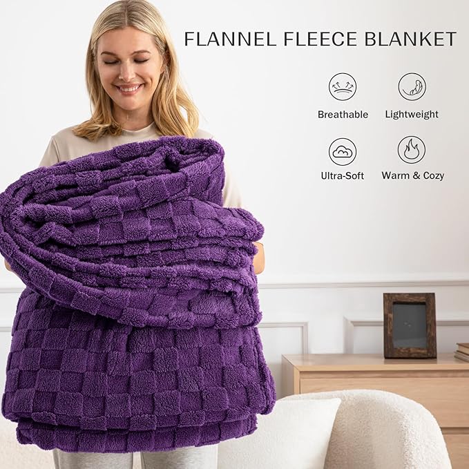Exclusivo Mezcla Fleece Throw Blanket for Couch,Super Soft and Warm Lightweight Checkered Pattern Blankets for All Seasons,50x60 Inches, Purple