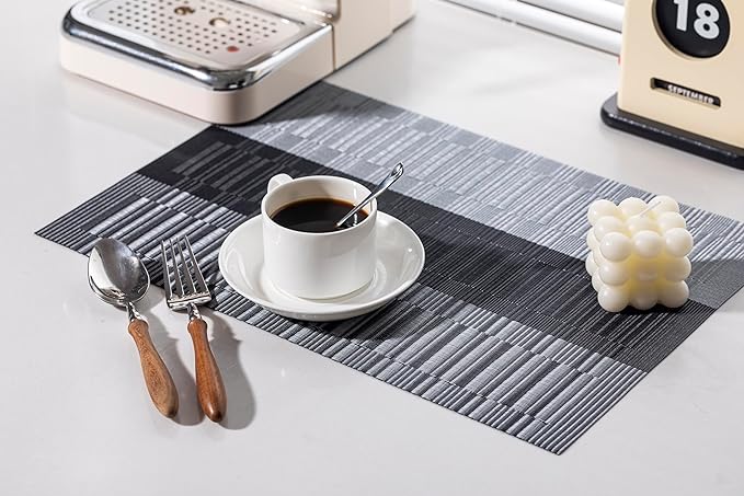 LEXMORE Placemats Set of 8 Vinyl/Plastic Woven Place Mats for Kitchen Table Indoor/Outdoor Washable Placemat Wipeable Dining Table Mats(Silver Gray Black)