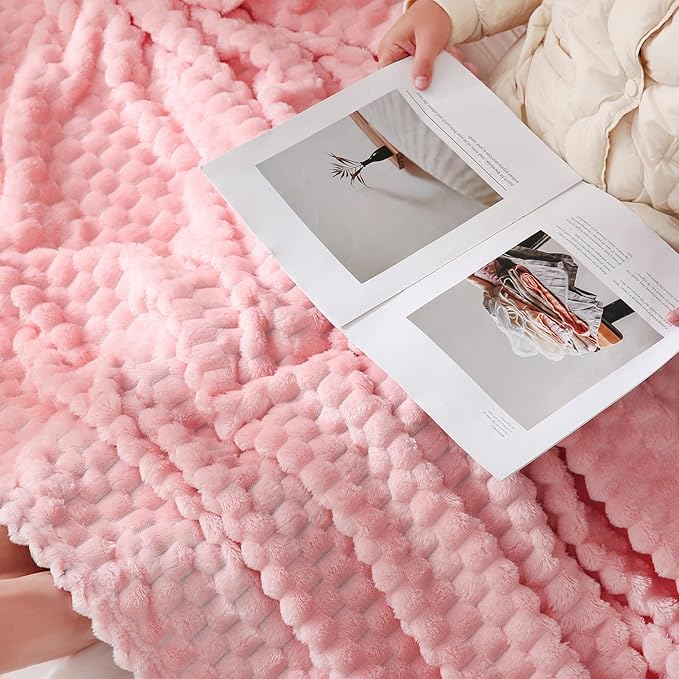 Puncuntex Light Pink Throw Blanket 90"×90" inches Fuzzy 3D Jacquard Decorative Flannel Fleece Super Soft Plush Cozy Blanket for Couch Sofa Chair Lightweight