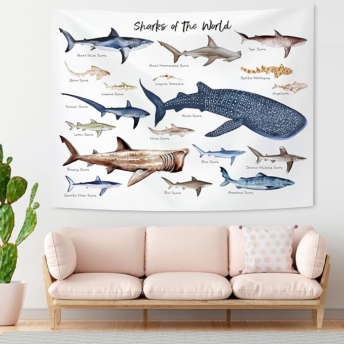 KAIOUS Shark Tapestry, Shark Educational Wall Hanging Tapestries for Kids Girls Boys Room Bedroom Dorm Classroom Nursery Decor 50x58 Inches