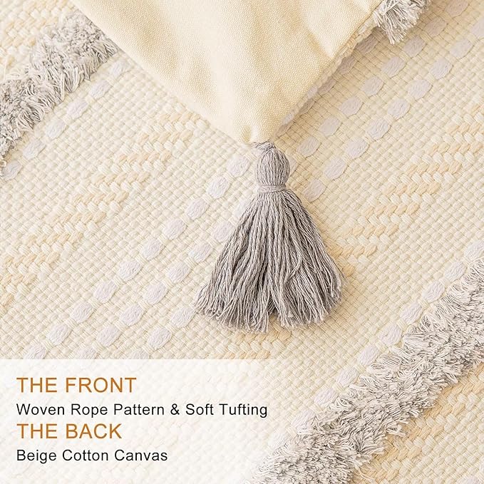 Boho Throw Pillow Covers 20x20 Set of 2 Woven Tufted Farmhouse Pillows Cover with Tassels Textured Striped Cushion Case Neutral Pillow Cases Decorative Pillowcase for Couch, Bed, Light Grey