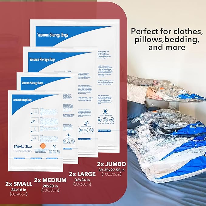 Vacuum Storage Bags with Electric Air Pump 8 Combo (2 Jumbo/2 Large/2 Medium/2 Small), Plastic Packaging Bags,Travel Vacuum Bags For Luggage,Clothes, Pillows, Comforters, Blankets, Bedding
