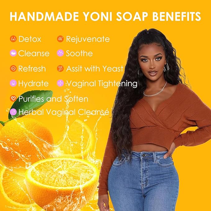 2 PCS Yoni Soap Bars Feminine Wash, 100% Natural Organic Yoni Bar Soap for Women Ph Balance Yoni Wash Eliminates Odor Moisturizing Yoni Care Soap with Foaming Net, Orange Yoni Soap 3.53 OZ