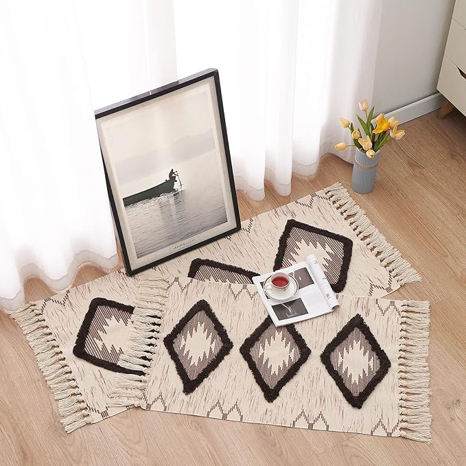 Boho Bathroom Rugs 2x3ft Farmhouse Bath Runner Rug, Small Tufted Cotton Accent Floor Mat with Tassels, Brown