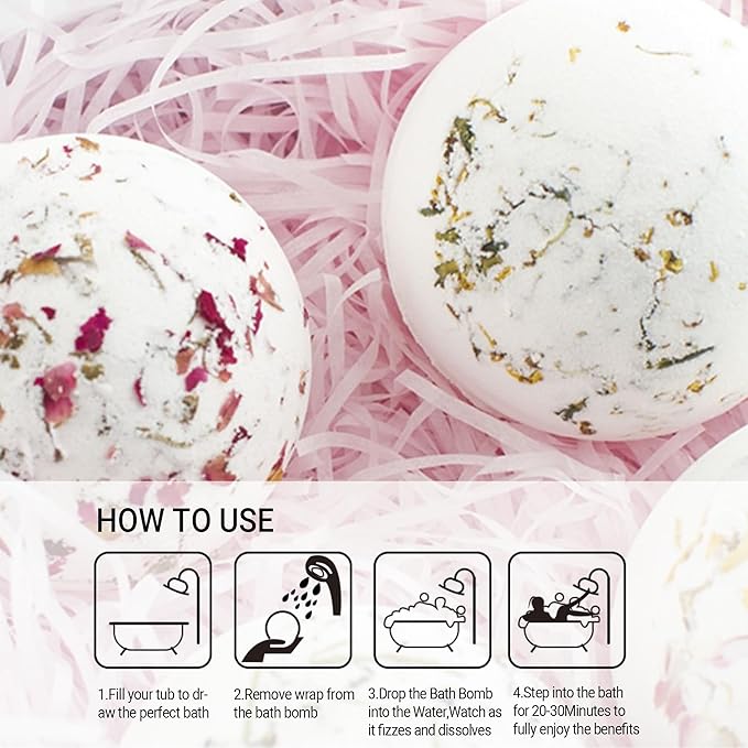 4 Pack Bath Bombs for Women Garden Collection Spa Gift Set with Natural Chamomile Lavender Rose Sea Salt Relaxing Moisturizing Birthday Gift for Her Bubble Bath Skincare