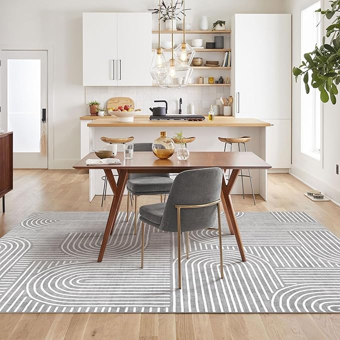 Washable Area Rug 8x10 - Large Grey Boho Rugs for Living Room Soft Abstract Bedroom Rug Ultra-Thin Modern Rainbow Carpet Stain Resistant Rug for Dining Room Nursery Room Home Decor