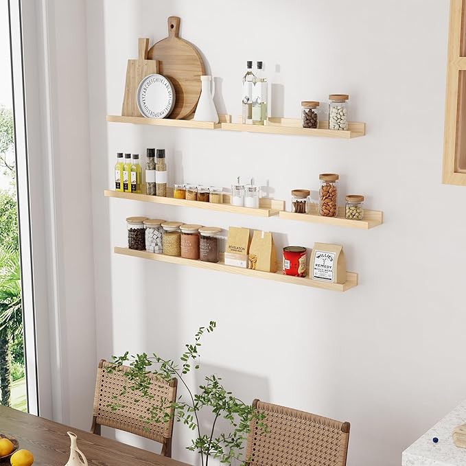 Picture Ledge Shelf, Solid Pine Wood Rustic Floating Shelves for Wall, 16 Inch Floating Shelves with Lip for Bedroom Kitchen Living Room Nursery Display Wall Decor, Set of 2 (Natural)
