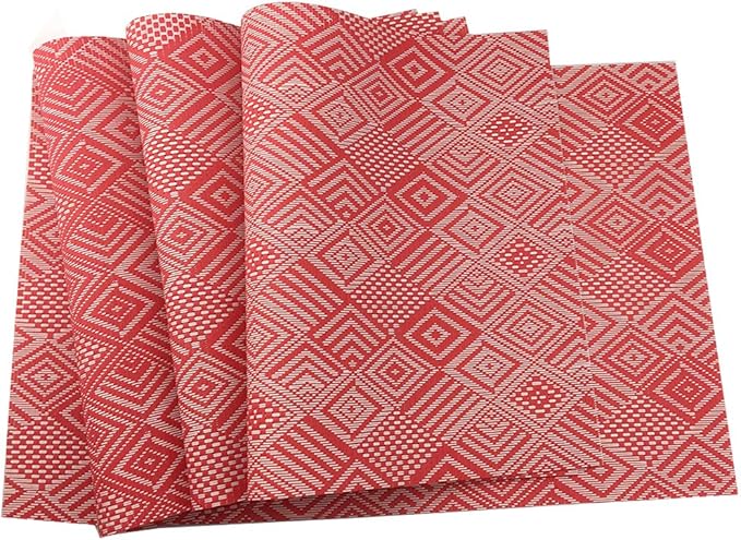 Luxury Placemats Set of 6, Heat-Resistant, Stain Resistant PVC Table Mats (Red Argyle)