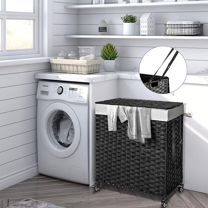 Greenstell Laundry Hamper with Wheels, No Install Needed, 90L Divided Handwoven Hampers & 2 Removable Liner Bags, Synthetic Rattan Clothes Laundry Basket with Lid & Handles, Foldable Hampers Black