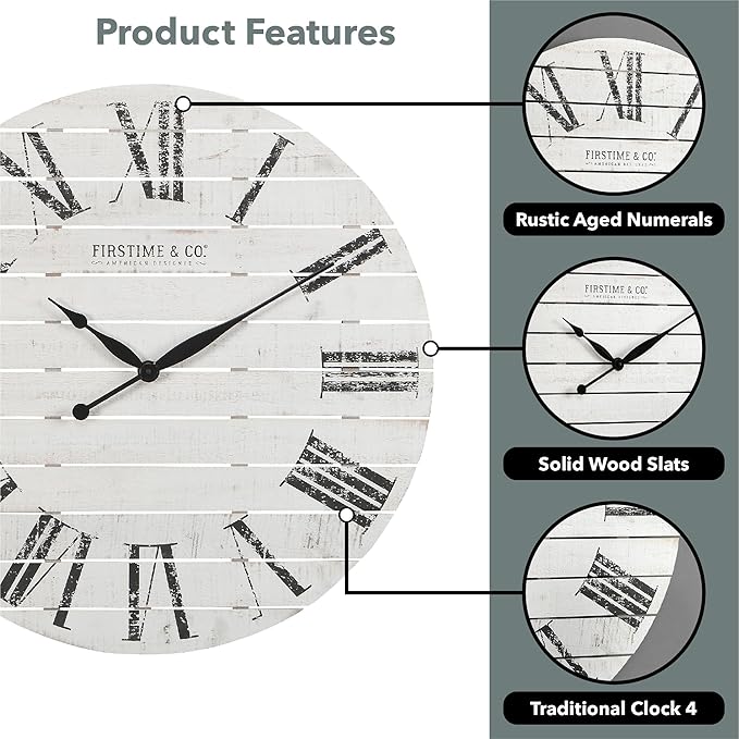 FirsTime and Co. Farmhouse Shiplap Wall Clock, American Crafted, White, Wood, 29 x 2 x 29 in White