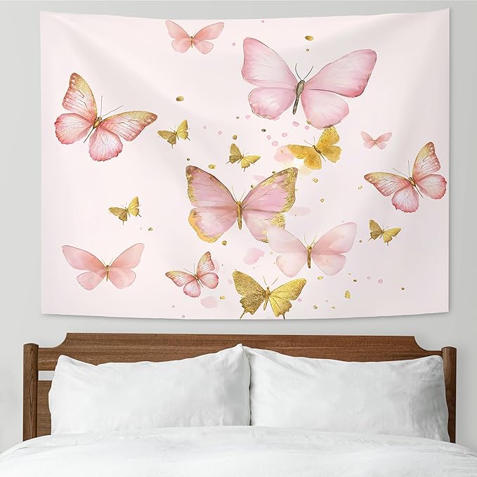KAIOUS Pink and Gold Butterfly Tapestry, Pink Butterfly Wall Hanging Tapestries for Bedroom Living Room Dorm Girls Room Home Decor 50x58 Inches