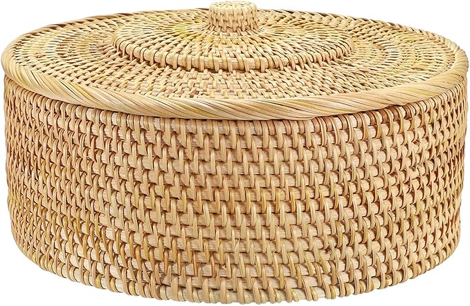 Hipiwe Round Rattan Boxes with Lid Woven Wicker Storage Basket Bin Decorative Shelf Baskets Multi-Purpose Household Organizer Lidded Basket for Storage Rattan Box, 11.9 x6 inch