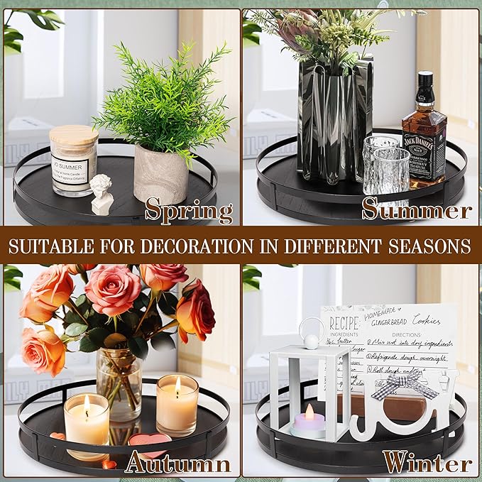 Defined Deco 12in Decorative Tray-Round Serving Tray with Metal Handle-Black Decorative Tray for Home Decor,Living Room Decor,Coffee Table Decor,Rustic Wooden Tray for Kitchen Table Decor,Dining Table