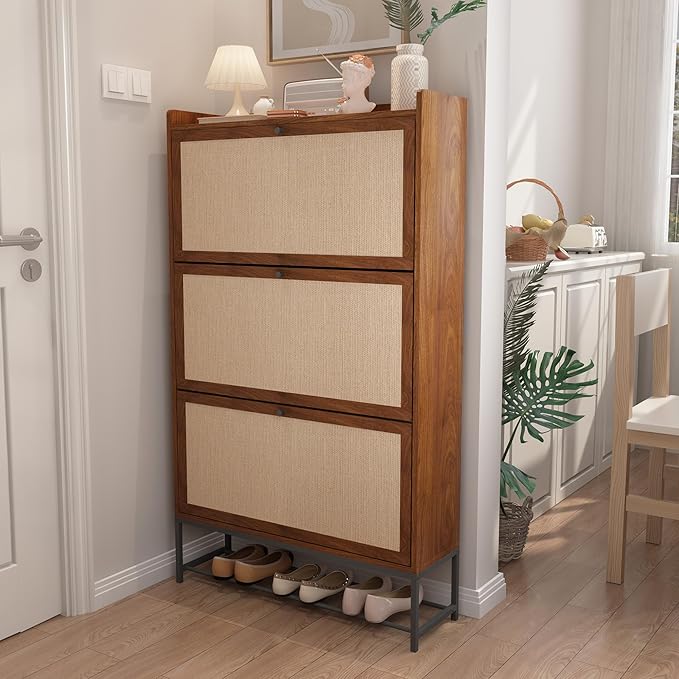 AVZEAR Narrow Shoe Storage Cabinet with 3 Flip Drawers, Freestanding Wooden Closed Shoe Rack, Slim Cabinet Storage for Entryway, Hallway, Living Room (Walnut)