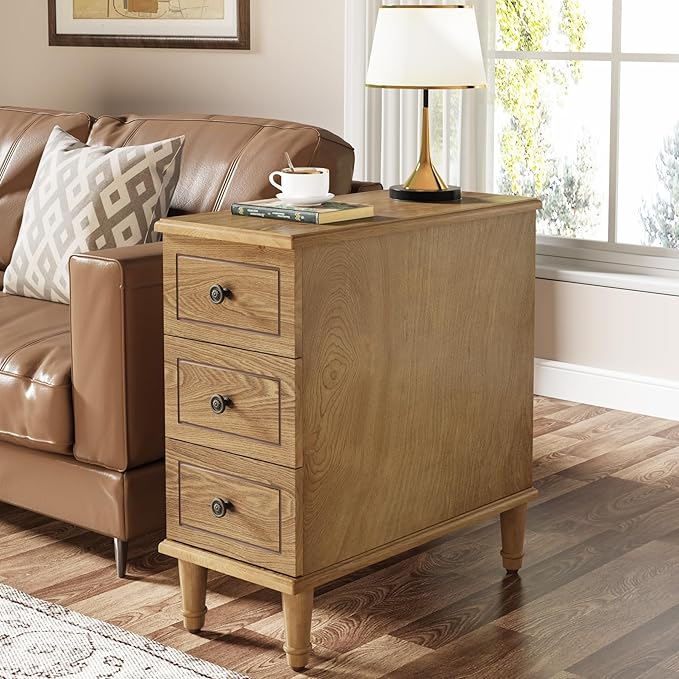 Tribesigns Solid Wood End Table, Fully Assembled Narrow Side Table with Drawers, Pre-Assembled Nightstand Slim Bedside Table for Small Spaces, Living Room, Bedroom, Wood Color, 2 Pcs