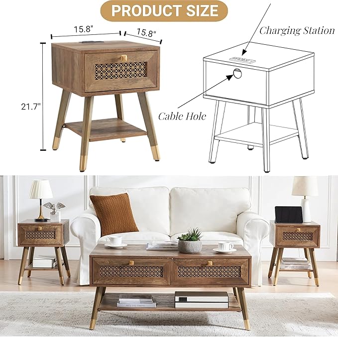 Mid Century Modern End Table for Living Room, Rustic Oak Small Side Tables with Charging Station, Outlets and USB Ports, Wood Nightstand with Storage Drawer and Open Shelf