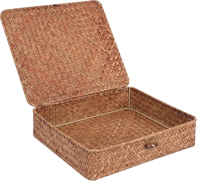 Flat Wicker Shelf Baskets with Lid, Handwoven Seagrass Basket Boxes for Storage Baskets Bins Home Decor Organizer (Coffee Small)