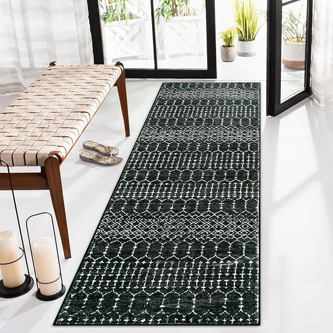Lahome Moroccan Runner Rugs for Hallway 2x10, Long Kitchen Rugs Runner Washable Ultra-Thin Non Slip Carpet, Soft Modern Geometric Print Carpet for Entryway Stair (Black, 2'x10')