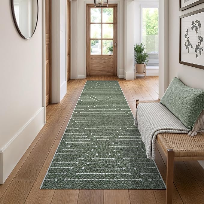 LIVEBOX Green Runner Rug for Kitchen 2x8, Boho Washable Runner for Hallway, Moroccan Cotton Long Entryway Area Rug Indoor Carpet for Bedroom Laundry Doorway Entry(Green & White)