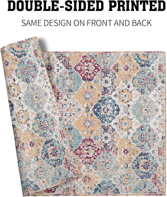 Ethnic Boho Placemats Set of 4 Bohemian Carpet Vintage Rust Coral Floral Carpet Linen Washable Kitchen Dining Table Mats Stain Heat-Resistant Desktop Decor Place Mats for Home Party Indoor 12x18 in