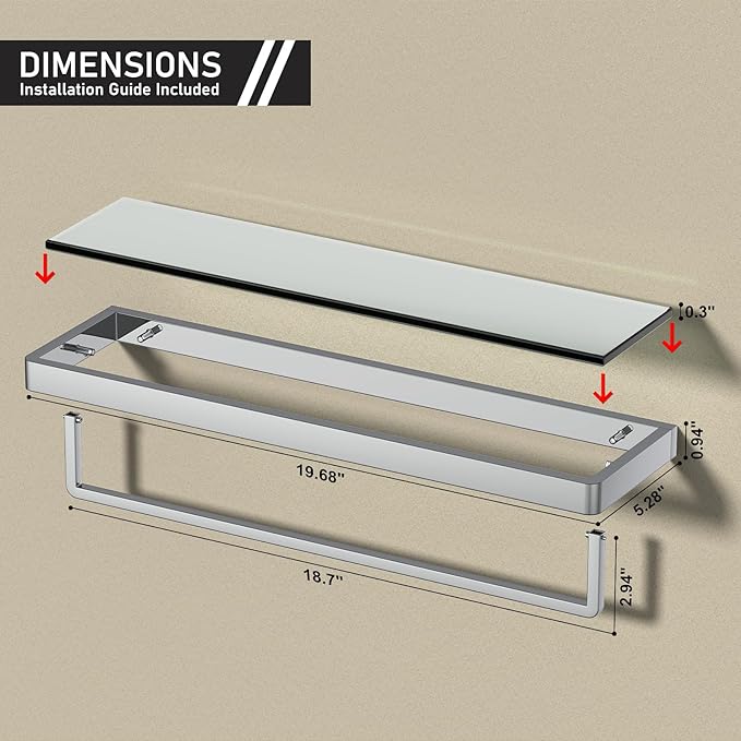 Bathroom Shelves/Glass Shelf Wall Mount 20-in with Towel Bar/Rack Floating Shelves for Bathroom Tempered Glass Rectangular 1 Tier Organizer Wall Shelf (Chrome Polished, 20'')