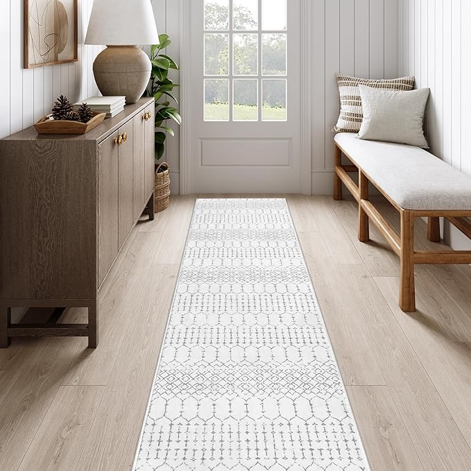 Lahome Moroccan Kitchen Runner Rugs Non Skid Washable - 2x10 Non-Slip Extra Long Rug Runner for Hallways, Modern Geometric Print White Soft Floor Carpet for Bathroom Entryway Foyer