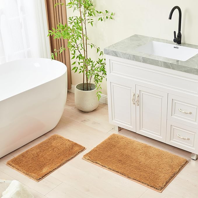 CozeCube Upgraded Shaggy Bath mat for Bathroom Non Slip 16" X 24", Super Soft Quick Dry Bath Rugs, Fluffy Plush Bathroom Rugs Machine Washable, Golden Brown
