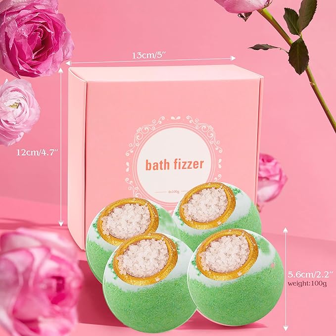 Green Tea Coarse Salt Bath Bombs Balls,4 Pack Gift Set,Moisturizing Dry Skin,Fizzy Spa,Relaxation,Self Care,Relaxing,Bubble Bath Bomb Idea for Men Women