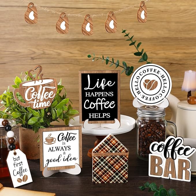 Set of 11 Farmhouse Tiered Tray Decor Rustic Home Tiered Tray Decorations Set Coffee Time Home Wooden Signs Coffee Bar Farmhouse Tabletop Wood Signs for Kitchen Table Shelf Decor