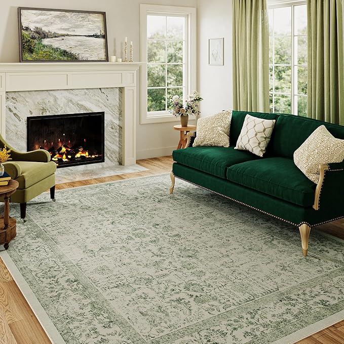 Green Area Rug 3x5 Office Entryway Rug Machine Washable Kitchen Vintage Distressed Non Slip Carpet Indoor Retro Floral Accent Throw Door Mat for Bathroom Bedroom Dining Living Room