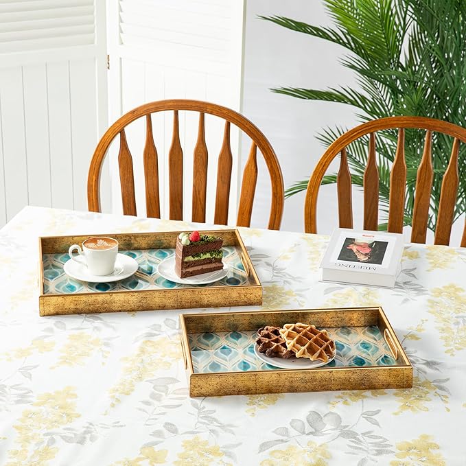 Glitzhome Serving Tray with Handles, Set of 2 Rectangle Wooden & Plastic Peacock Feathers Pattern Decorative Trays Storage Tray for Living Room Ottoman Party Supplies, 17.5" x12.5" and 15.75" x 9.75"