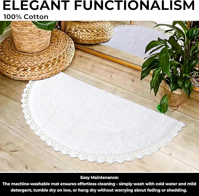 Half Circle Bohemian Bathroom Rug with Handwoven Chrochet Border, Beautifully Handcrafted 100% Cotton Mat - 22x42 inch, Round Boho Bedroom Rug, Boho Bathroom Décor, Machine Washable - White