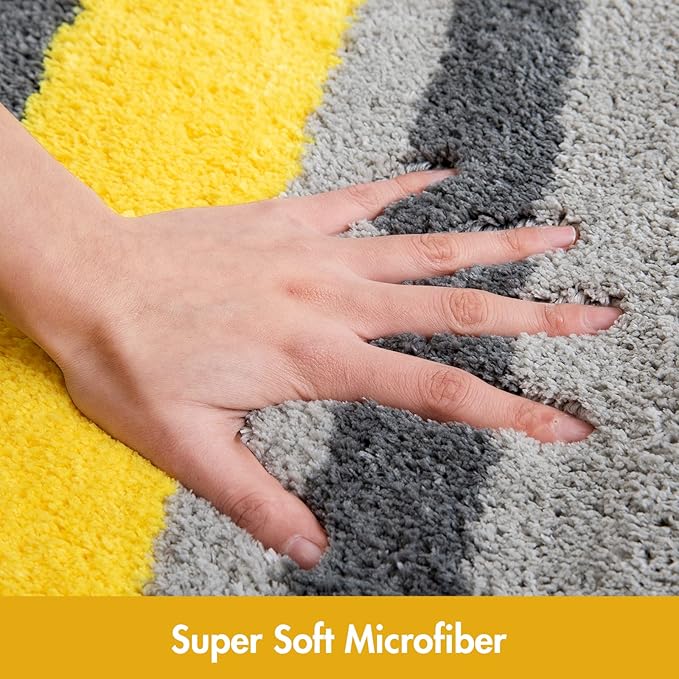 MIULEE Fluffy Bathroom Rugs Bath Mats Rugs Microfiber Striped Shower Rug Absorbent, Soft and Plush Machine Washable Non Slip Carpet Quick Dry for Bathroom Floor Tub, 20x30 Inch, Yellow-Grey