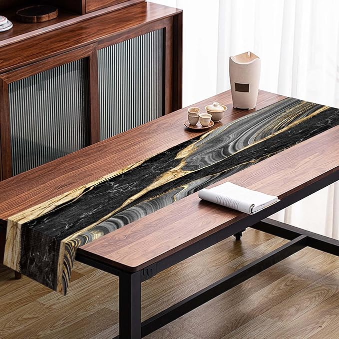 Mcalk Black Marble Table Runner and Placemats Set of 6 Pieces, Gold Marble Placemats, Modern Cloth Place Mats Indoor for Kitchen,Washable Linen Material for Dining Table