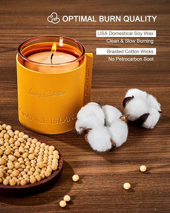 M&SENSE Soy Candles for Home Scented, Orange Island Scented 7.4oz 40 Hours Long Lasting, Natural Aromatic Jar Candle for Spa Bathroom Bedroom, Leather Wrapped Luxury Candle Gifts for Men & Women