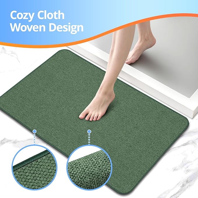 Upgraded Thin Bathroom Rugs, Bath Mat Super Absorbent, Bath Rugs Rubber Backing Non-Slip, Quick Dry Machine Washable, Cozy Cloth Bathroom Mat fit Under Door/Sink/ Bathtub/Shower/Kids 17''x27''-Green