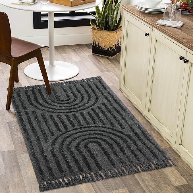 LEEVAN Indoor Door Mats for Entryway 3X5, Washable Rainbow Kitchen Rug, Woven Nursery Rug with Tassel, Boho Tufted Bedroom, Cute Dorm Mat for Classroom/Porch/Living, Dark Grey