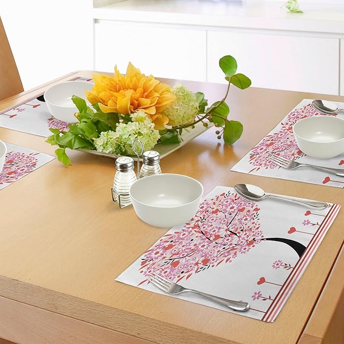 Ambesonne Valentine Place Mats Set of 8, Heart Shaped Tree Daisies Wildflowers Red Leaves Forest Romance Season Image, Washable Fabric Placemats for Dining Table, Placemat 8 pcs, Pink Red