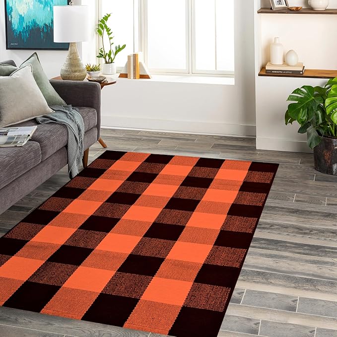 Buffalo Plaid Rug 28 x 43 Inches Fall Outdoor Front Door Decor Mat, Cotton Washable Hand-Woven Rug for Layered Doormat, Autumn Halloween Thanksgiving Carpet for Porch (Orange and Black Plaid)