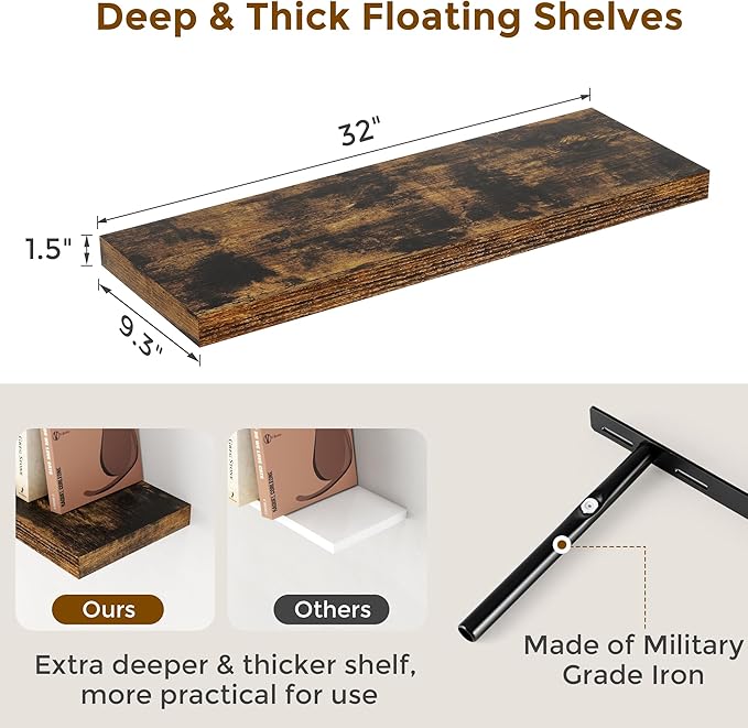 Fun Memories Floating Shelves 32" W x 9" D, Deep Floating Shelves for Wall, 9.3 Inch Deep Wall Shelves for Bathroom, Living Room, Wide Storage & Display Shelves for Home Decor, Rustic Brown Color