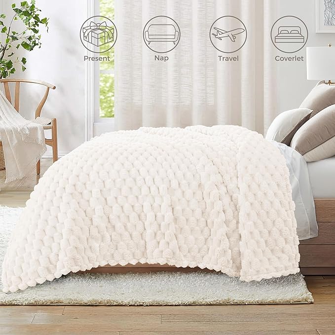 Whale Flotilla King Size Blanket for Bed with Jacquard Pattern, Fuzzy Soft Cozy Exquisite Blankets for All Season, Warm and Fluffy, 90x104 Inch, Ivory