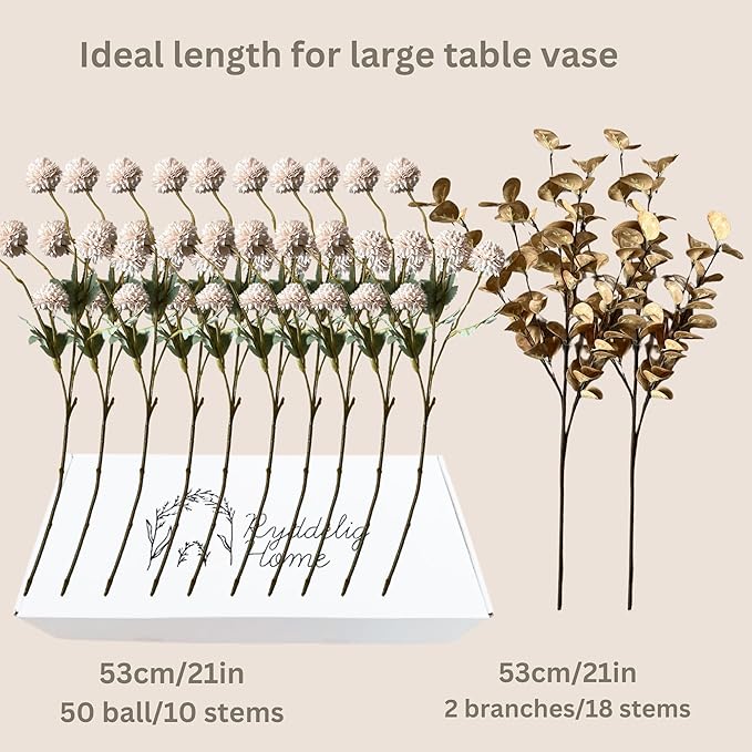 Artificial Silk Flowers Beige 10 Stems + Eucalyptus, Faux Flowers For Vase, Fake Mums Long Stem, Tan Nude Cream Neutral Floral, Chrysanthemum Pom Pom Floral Arrangements, Mini Faux Mums Flower Bulk
