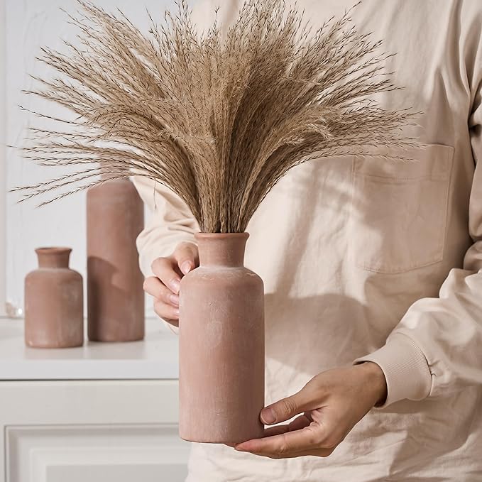SIDUCAL Ceramic Rustic Farmhouse Vase Set of 3, Whitewashed Terracotta Vases, Clay Decorative Vases for Home Decor, Living Room, Shelf, Mantel Decoration(Brick-red)