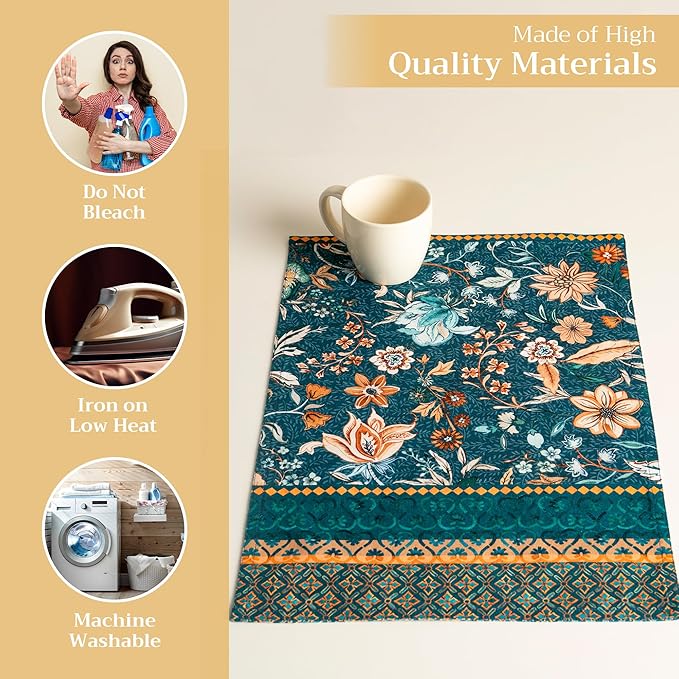 Maison d' Hermine Placemats Set of 4 100% Cotton Washable Cloth Place Mats, Reusable Table Mats for Kitchen Dining Decoration, Party, Wedding, Restaurant (Luxury Loft-Dark Teal, 13" x 19")